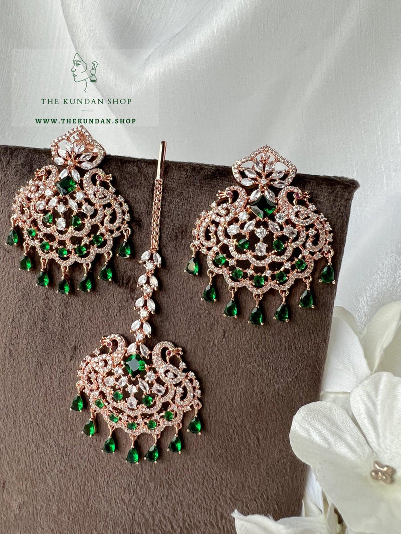 Serenity in Rose Gold & Emerald Earrings + Tikka THE KUNDAN SHOP 