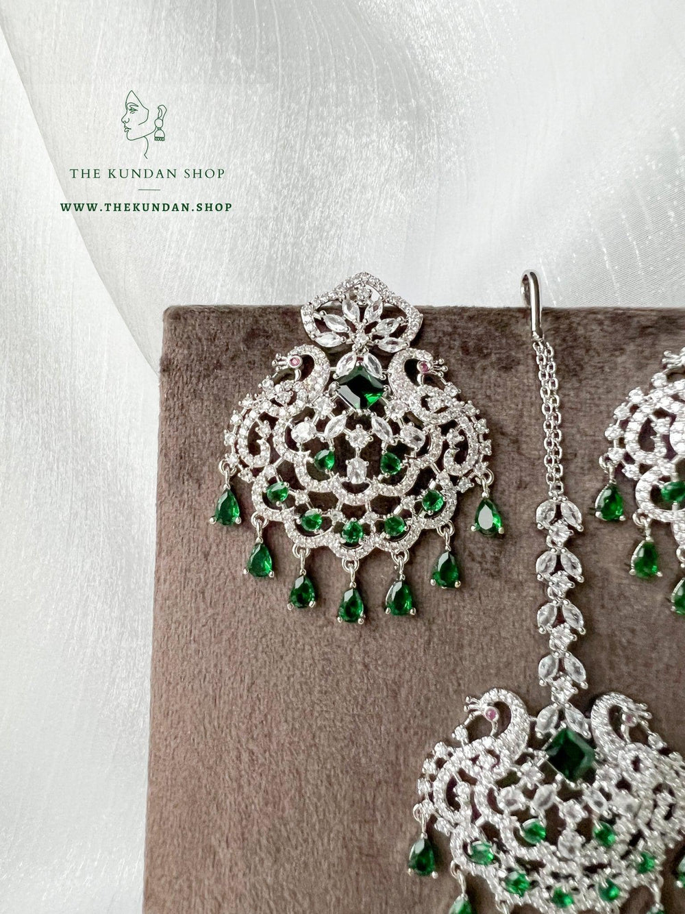 Serenity in Silver & Emerald Earrings + Tikka THE KUNDAN SHOP 