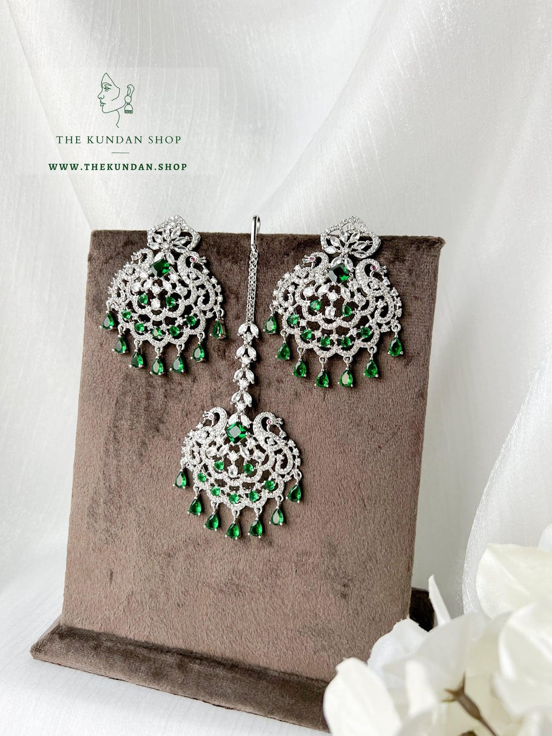 Serenity in Silver & Emerald Earrings + Tikka THE KUNDAN SHOP 