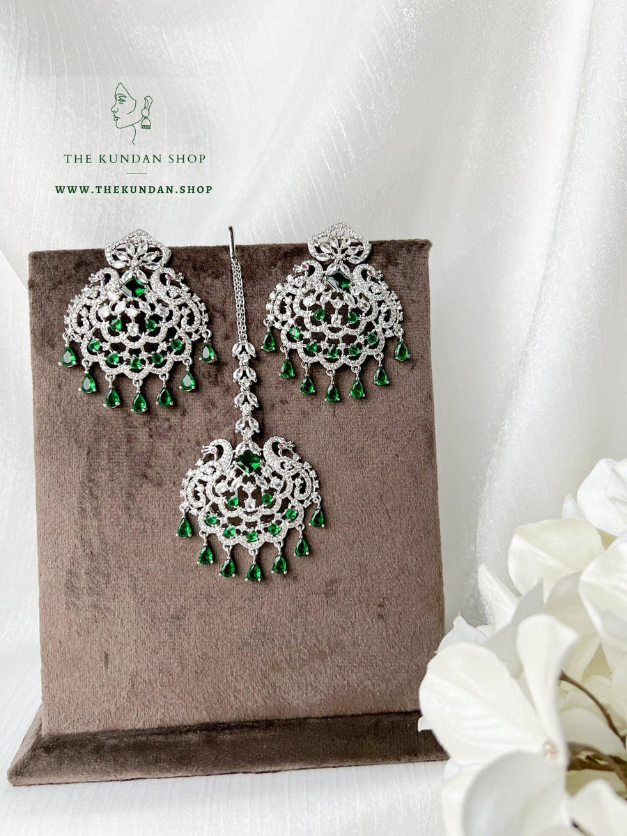 Serenity in Silver & Emerald Earrings + Tikka THE KUNDAN SHOP 