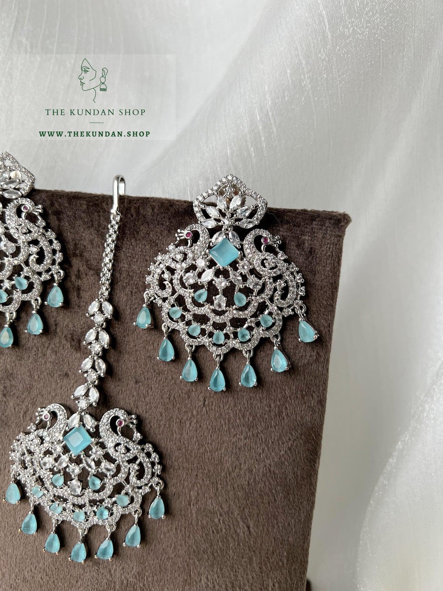 Serenity in Silver & Feroza Blue Earrings + Tikka THE KUNDAN SHOP 