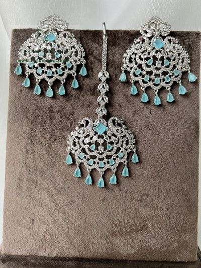 Serenity in Silver & Feroza Blue Earrings + Tikka THE KUNDAN SHOP 