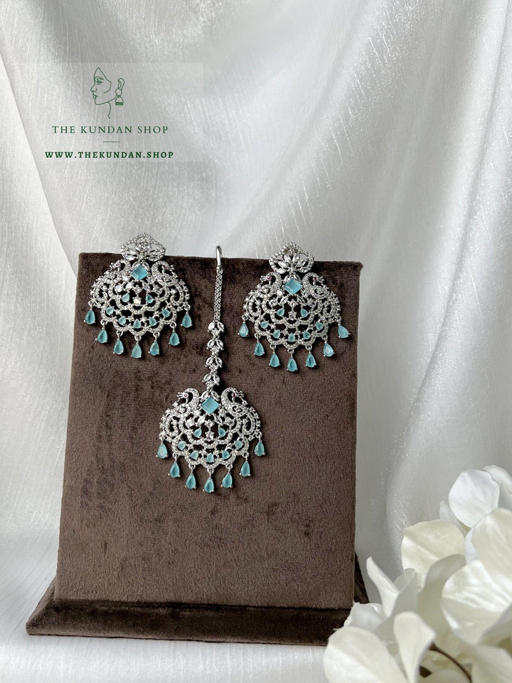 Serenity in Silver & Feroza Blue Earrings + Tikka THE KUNDAN SHOP 