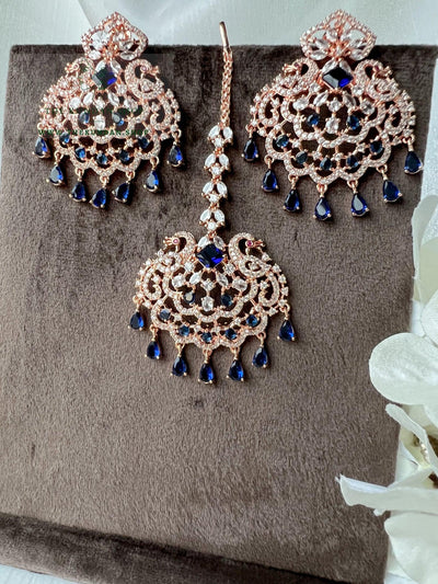 Serenity in Rose Gold & Midnight Blue Earrings + Tikka THE KUNDAN SHOP 