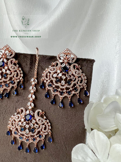 Serenity in Rose Gold & Midnight Blue Earrings + Tikka THE KUNDAN SHOP 