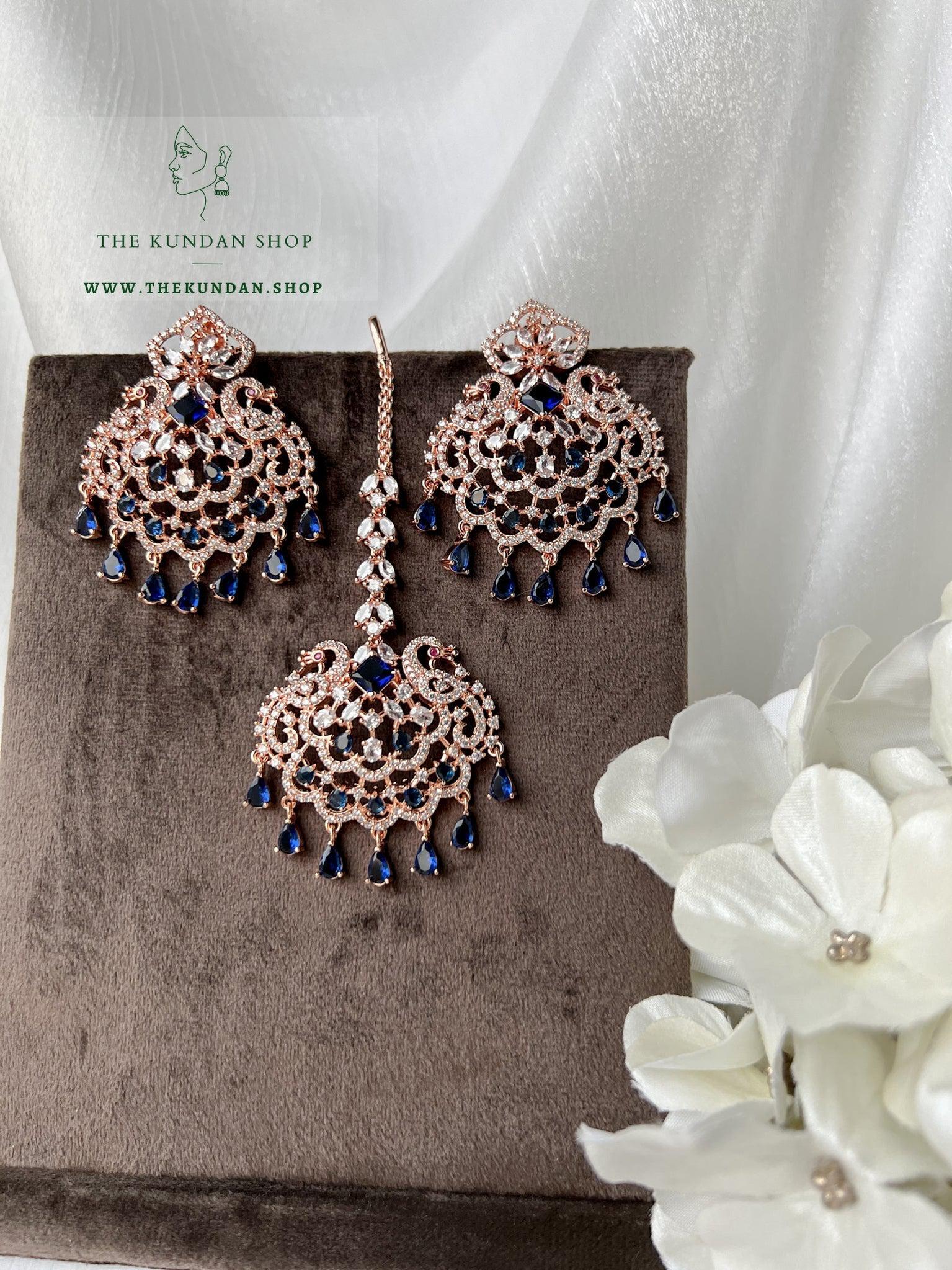 Serenity in Rose Gold & Midnight Blue Earrings + Tikka THE KUNDAN SHOP 