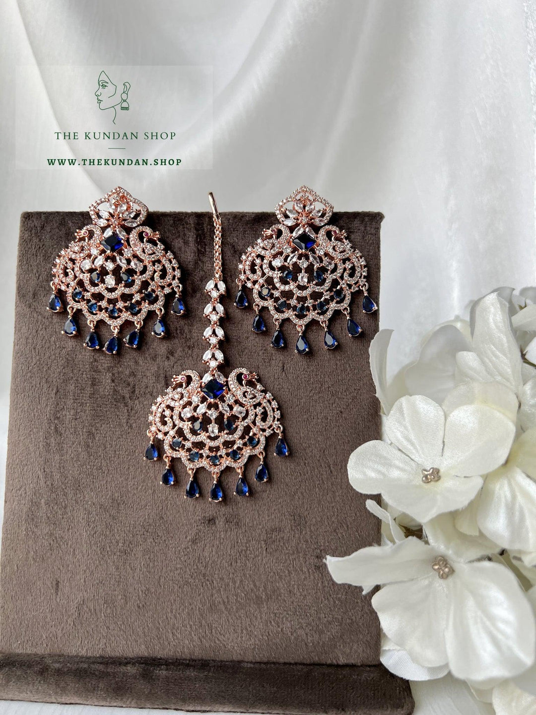 Serenity in Rose Gold &amp; Midnight Blue Earrings + Tikka THE KUNDAN SHOP 
