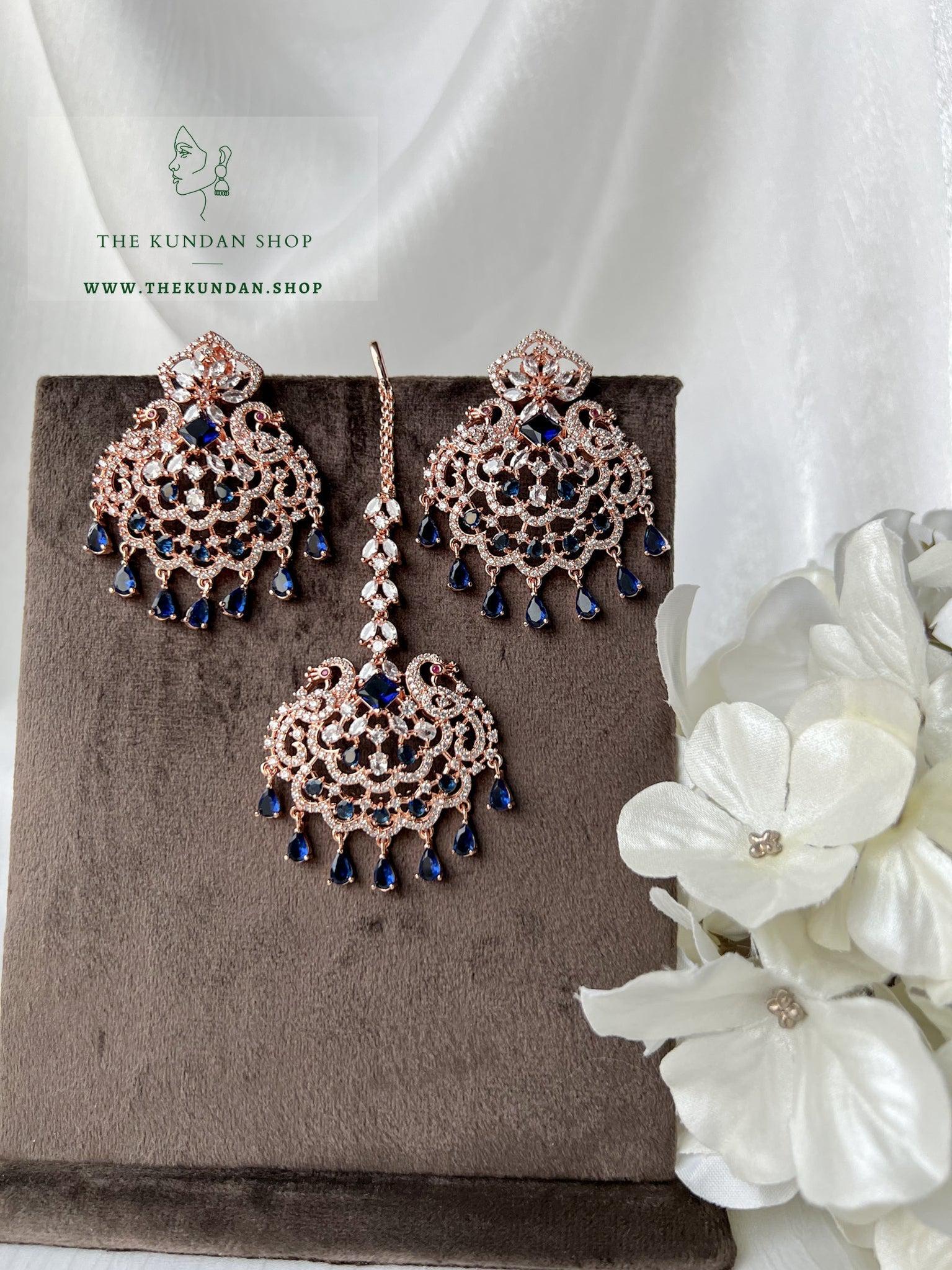 Serenity in Rose Gold & Midnight Blue Earrings + Tikka THE KUNDAN SHOP 
