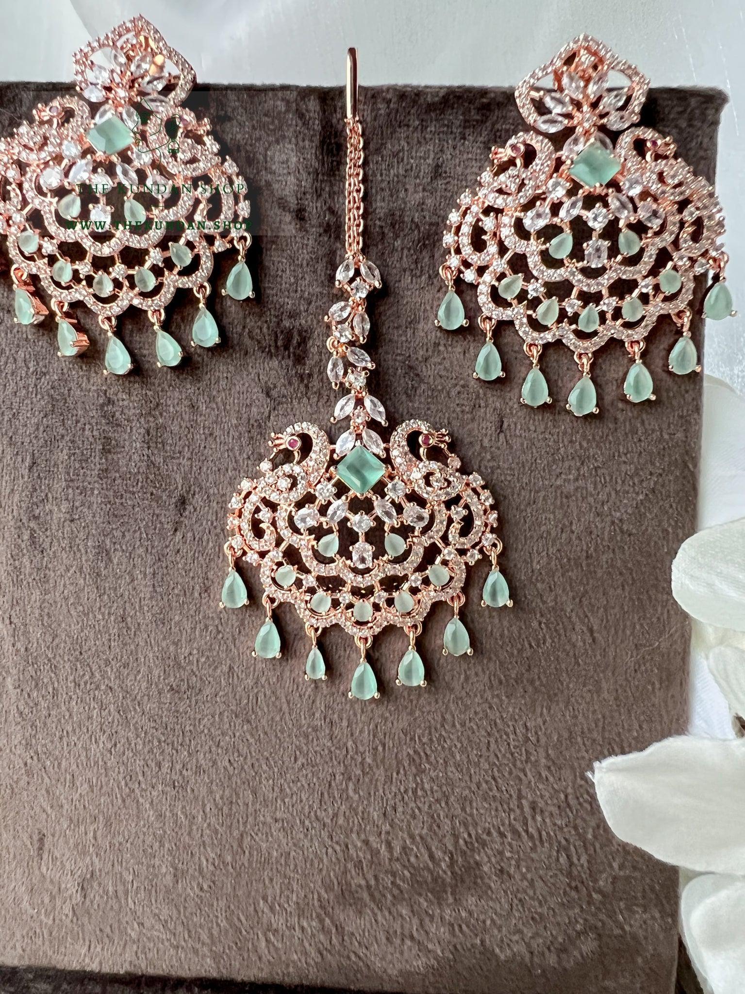Serenity in Rose Gold & Mint Earrings + Tikka THE KUNDAN SHOP 