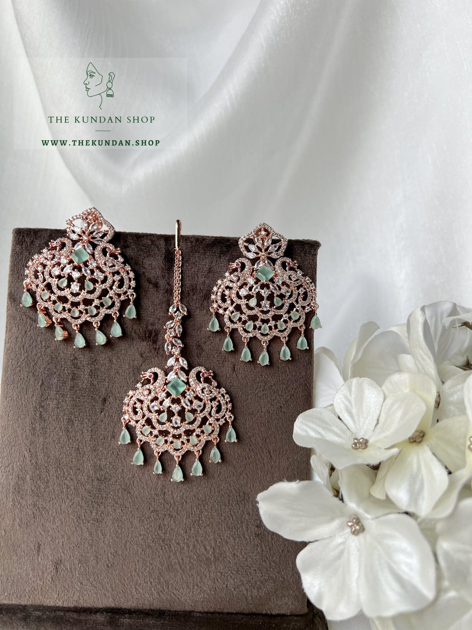 Serenity in Rose Gold & Mint Earrings + Tikka THE KUNDAN SHOP 