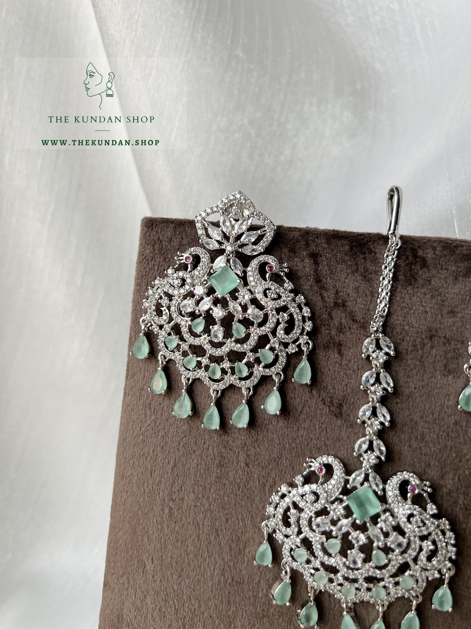 Serenity in Silver & Mint Earrings + Tikka THE KUNDAN SHOP 