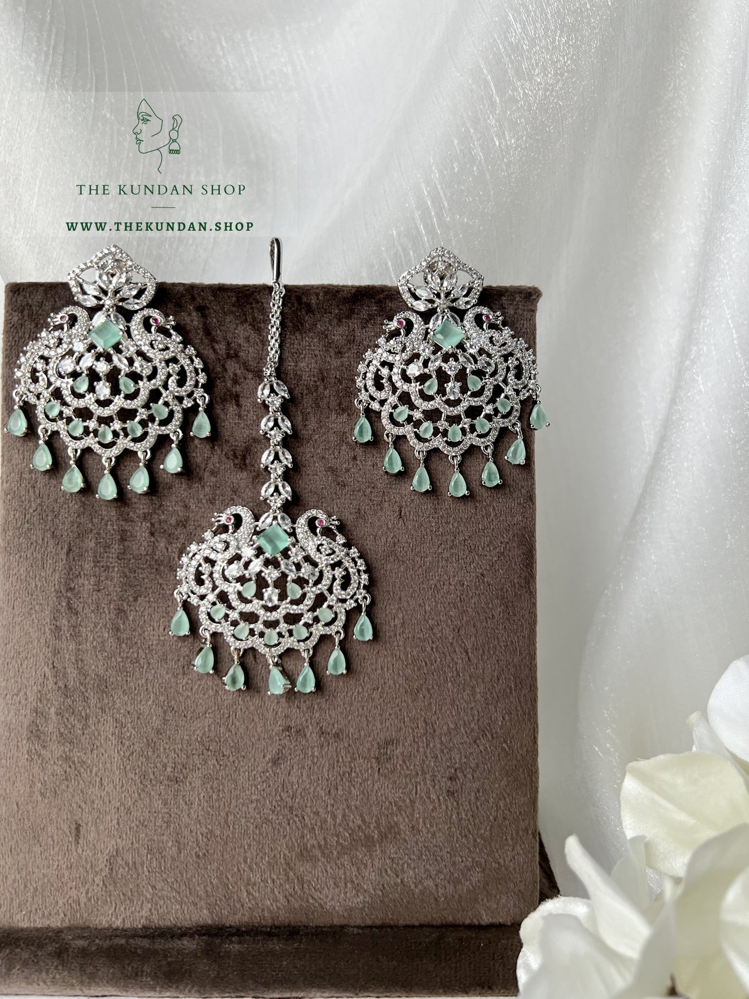 Serenity in Silver & Mint Earrings + Tikka THE KUNDAN SHOP 