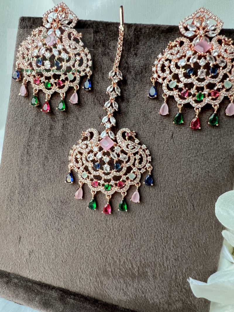 Serenity in Rose Gold & Multi Earrings + Tikka THE KUNDAN SHOP 