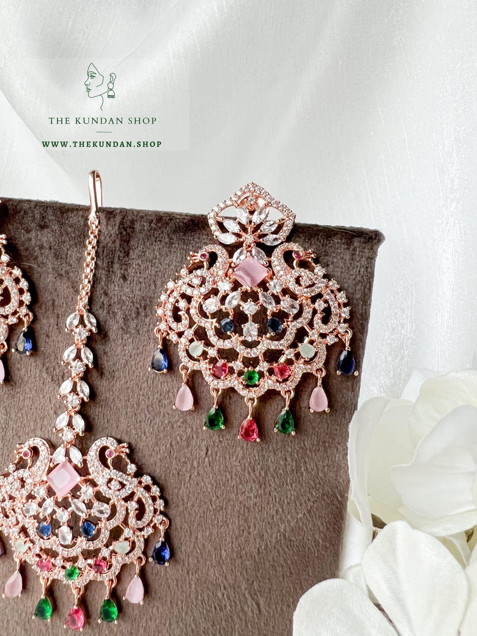 Serenity in Rose Gold & Multi Earrings + Tikka THE KUNDAN SHOP 