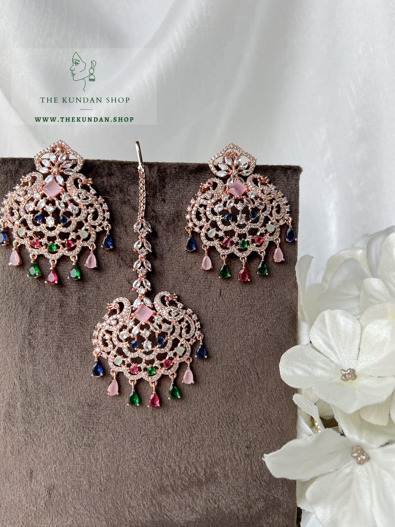 Serenity in Rose Gold & Multi Earrings + Tikka THE KUNDAN SHOP 