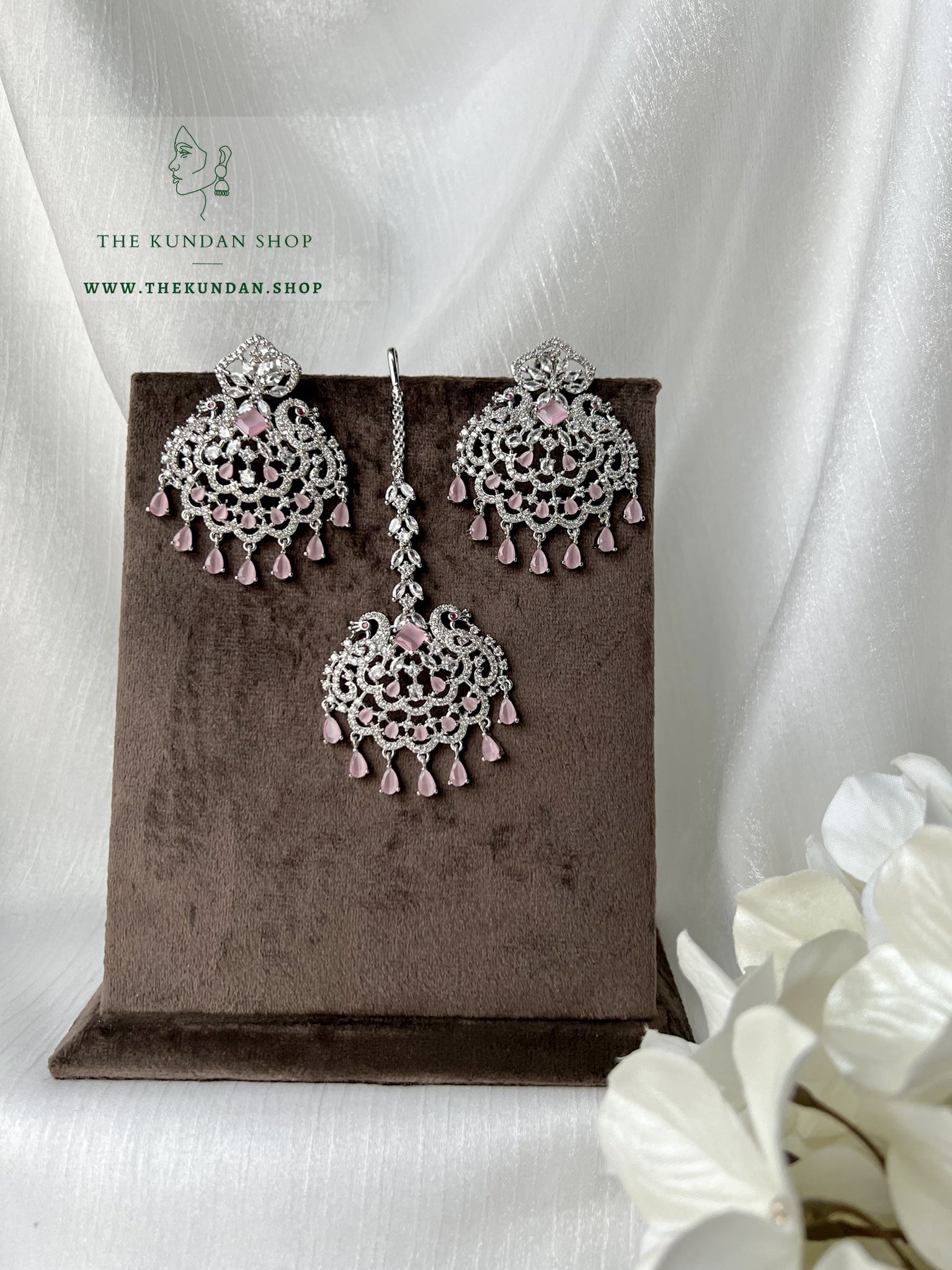 Serenity in Silver & Pink Earrings + Tikka THE KUNDAN SHOP 