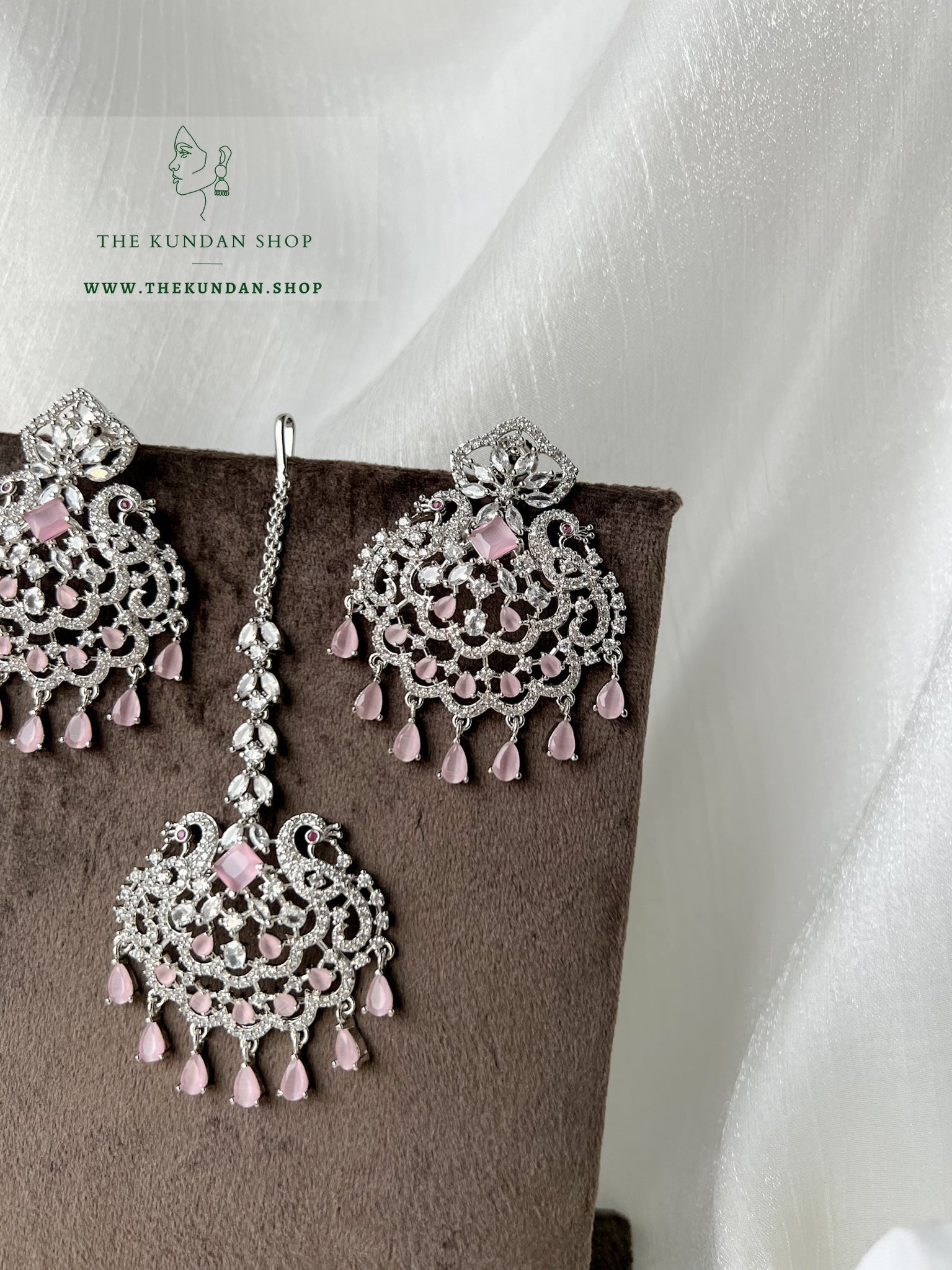 Serenity in Silver & Pink Earrings + Tikka THE KUNDAN SHOP 