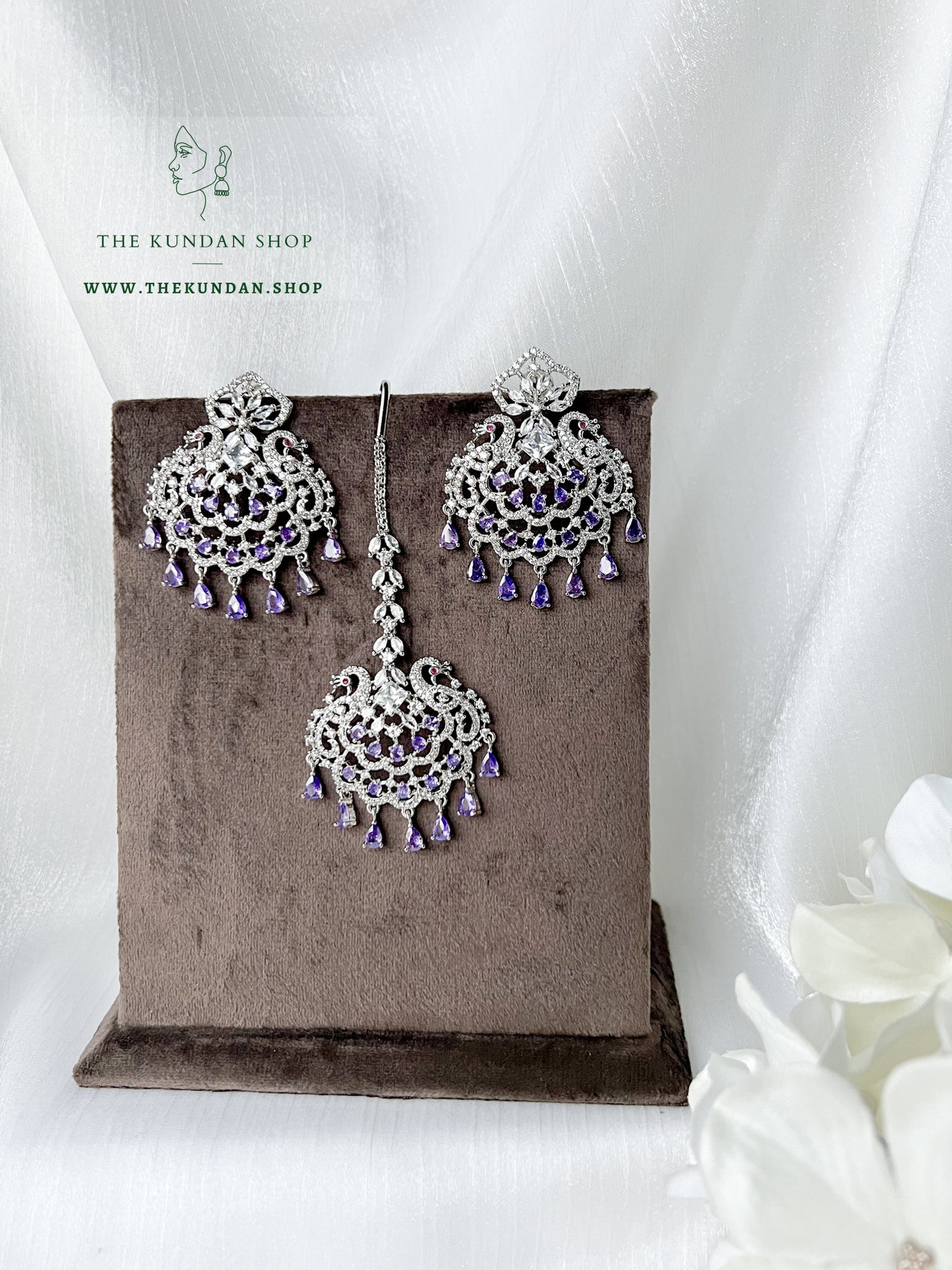 Serenity in Silver & Lavender Earrings + Tikka THE KUNDAN SHOP 
