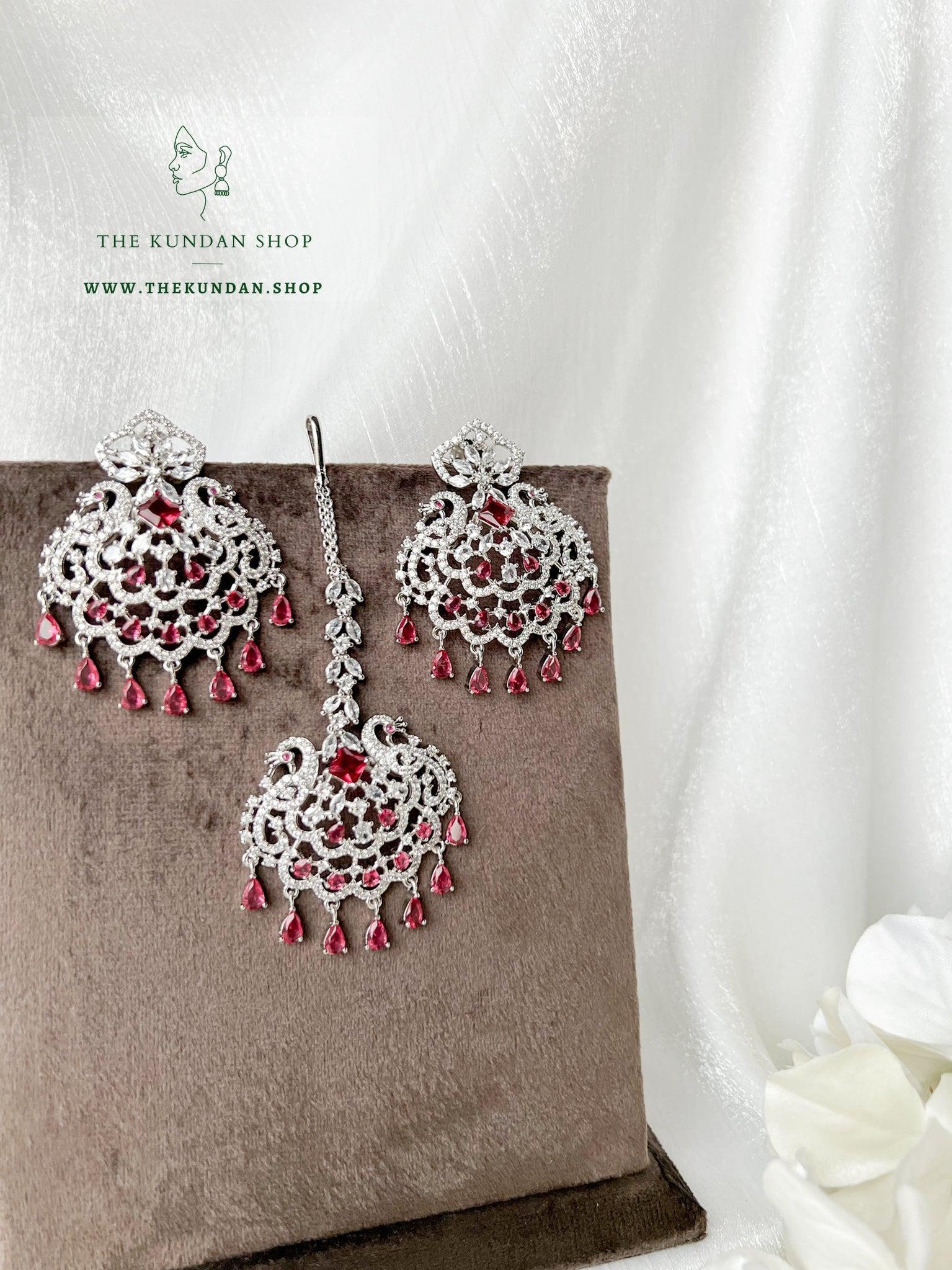 Serenity in Silver & Ruby Earrings + Tikka THE KUNDAN SHOP 