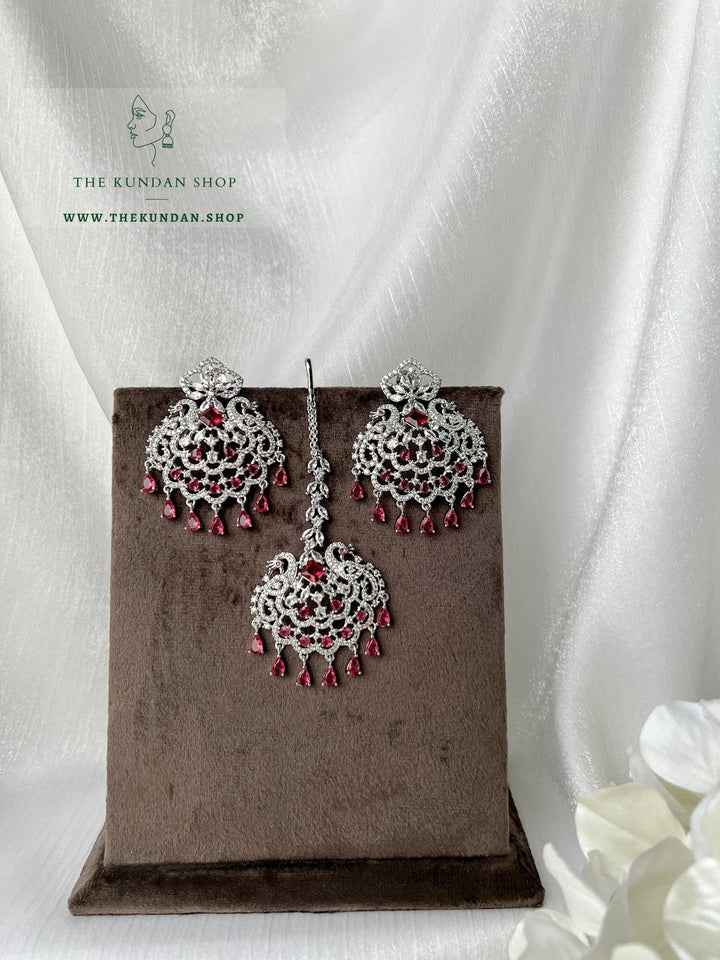 Serenity in Silver & Ruby Earrings + Tikka THE KUNDAN SHOP 