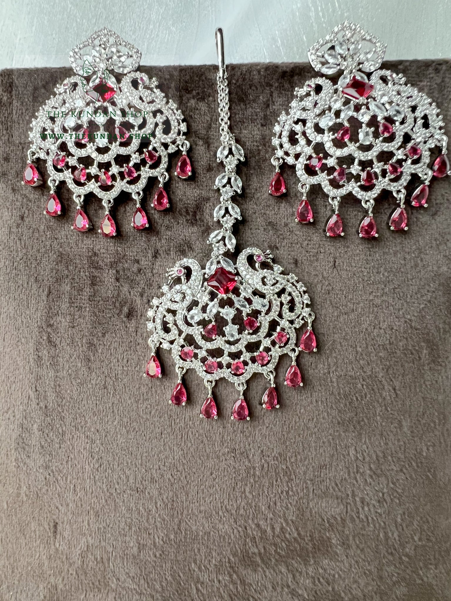 Serenity in Silver & Ruby Earrings + Tikka THE KUNDAN SHOP 