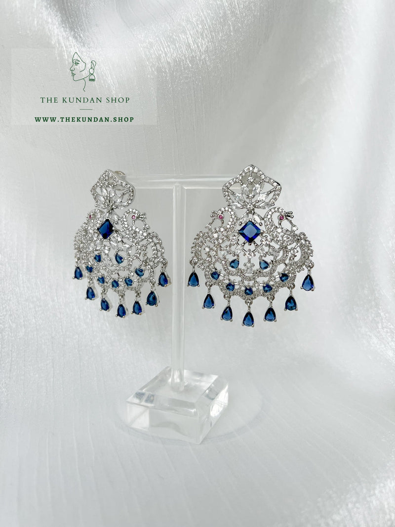 Serenity in Silver & Sapphire Earrings + Tikka THE KUNDAN SHOP 