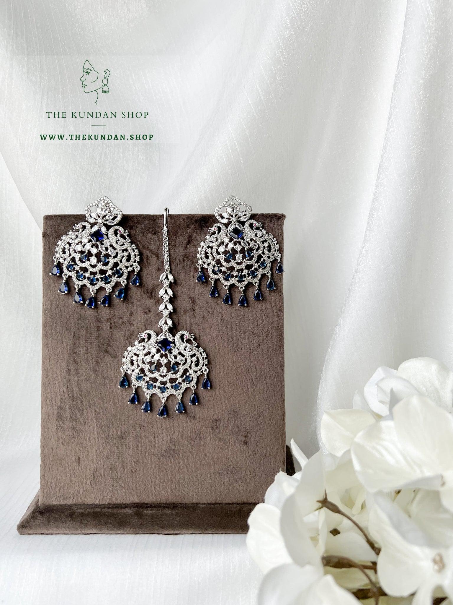Serenity in Silver & Sapphire Earrings + Tikka THE KUNDAN SHOP 