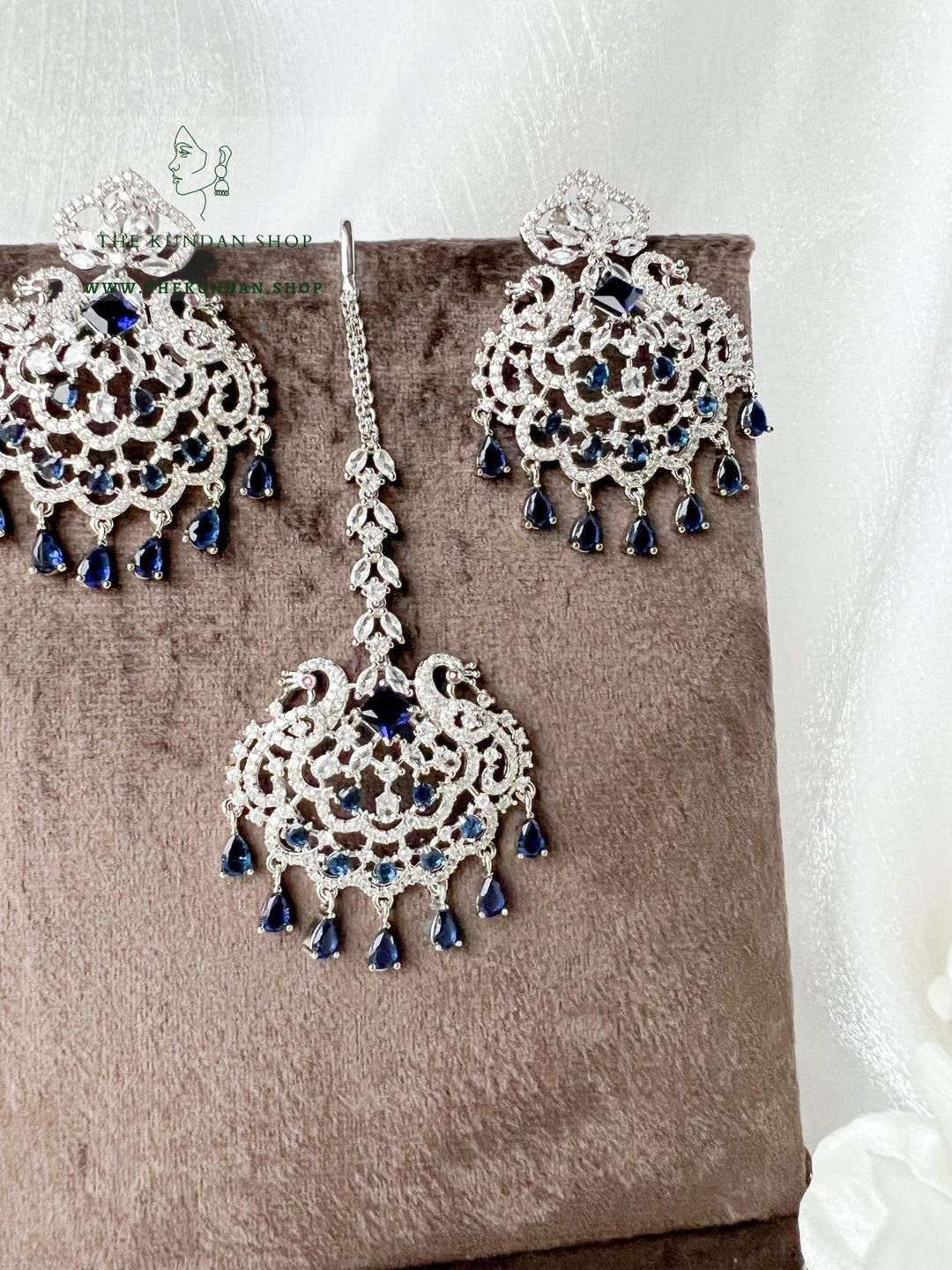 Serenity in Silver & Sapphire Earrings + Tikka THE KUNDAN SHOP 