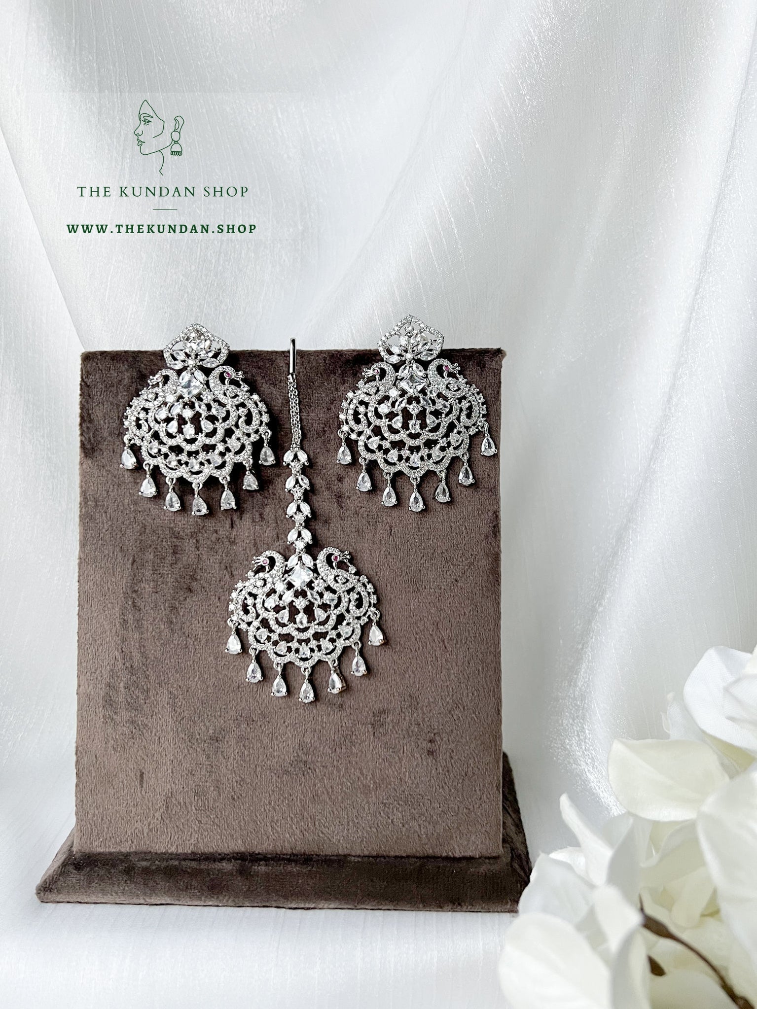 Serenity in Silver Earrings + Tikka THE KUNDAN SHOP 