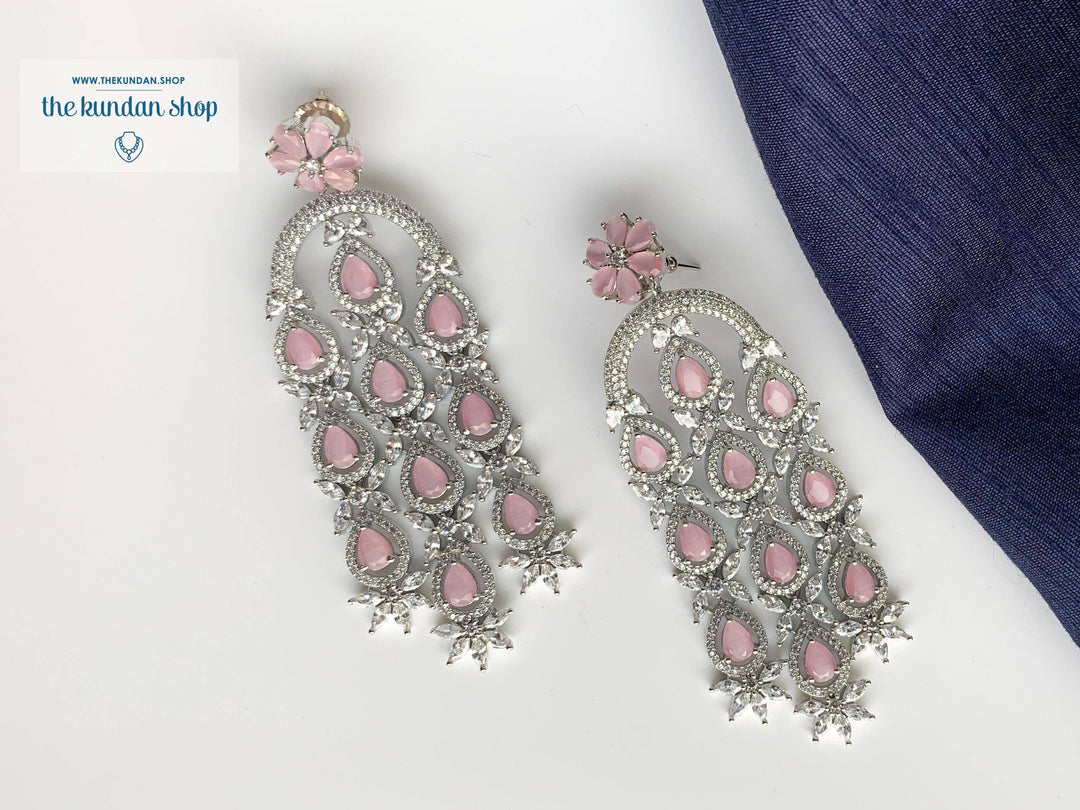 Flower and Stone Drop Earrings THE KUNDAN SHOP Silver + Light Pink 