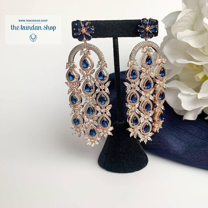 Flower and Stone Drop Earrings THE KUNDAN SHOP Rose Gold + Sapphire 