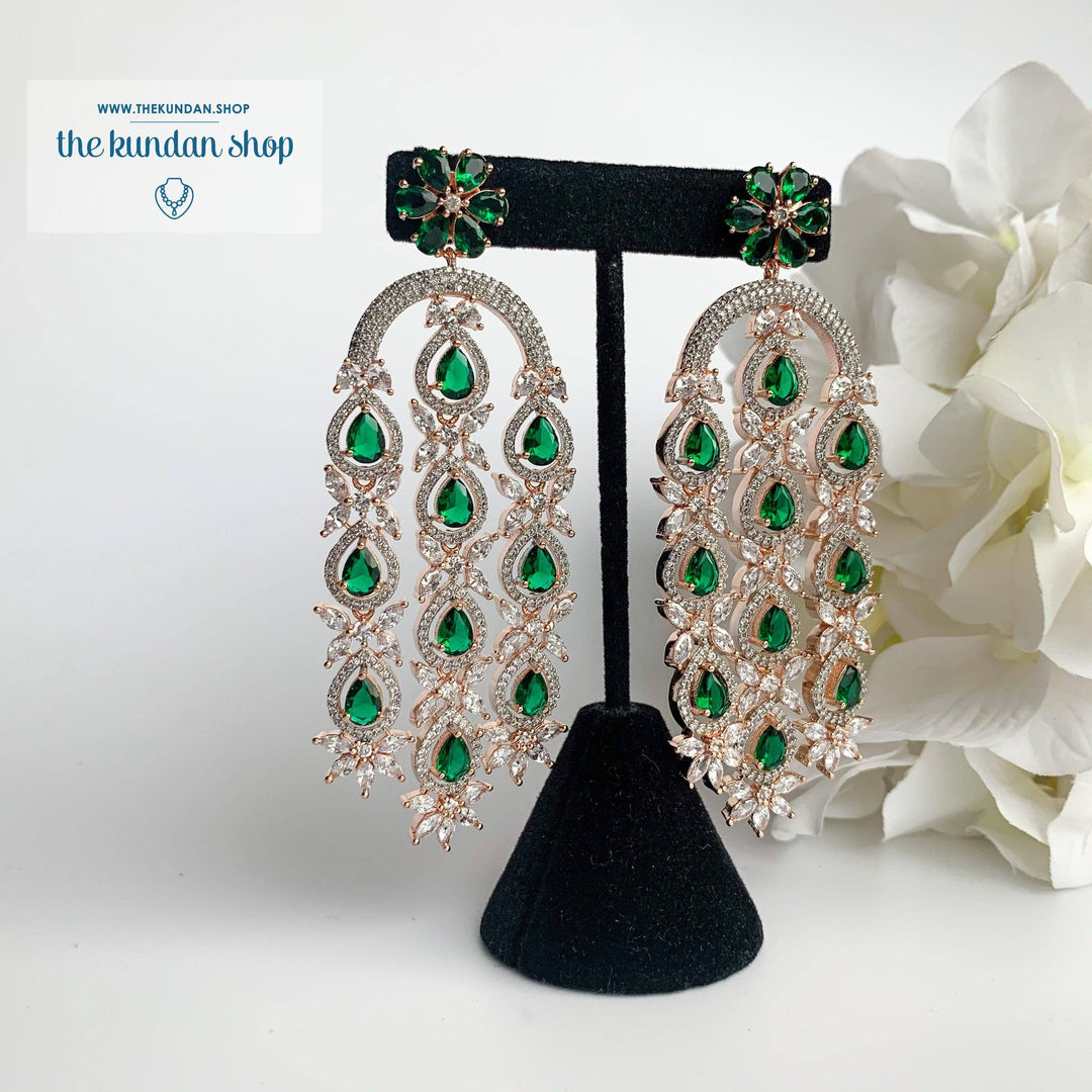 Flower and Stone Drop Earrings THE KUNDAN SHOP Rose Gold + Emerald 