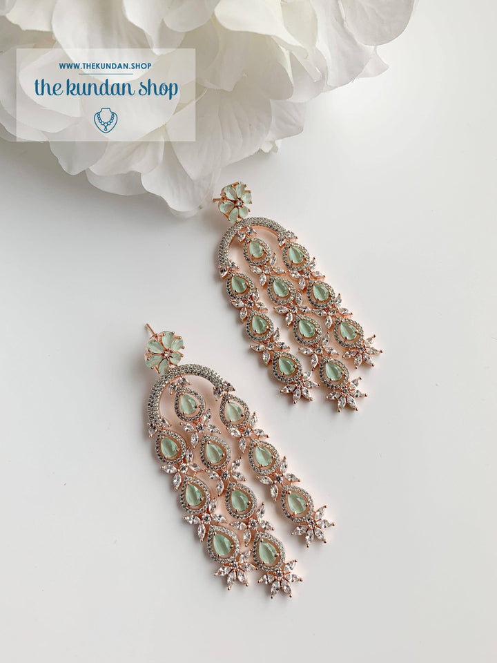Flower and Stone Drop Earrings THE KUNDAN SHOP Rose Gold + Mint 