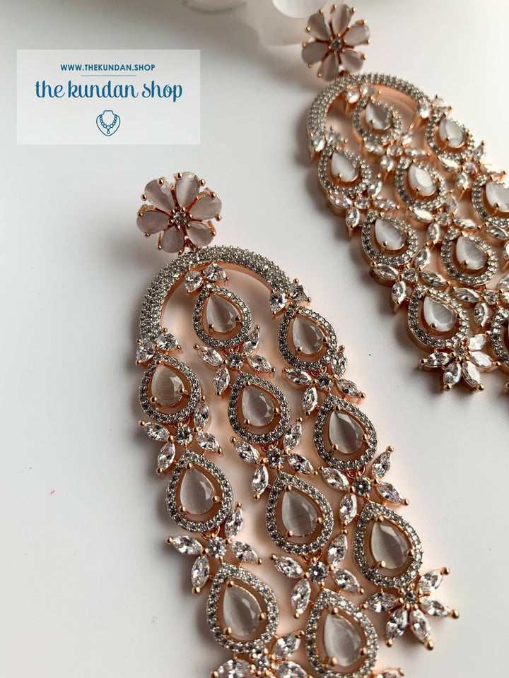 Flower and Stone Drop Earrings THE KUNDAN SHOP Rose Gold + Grey 