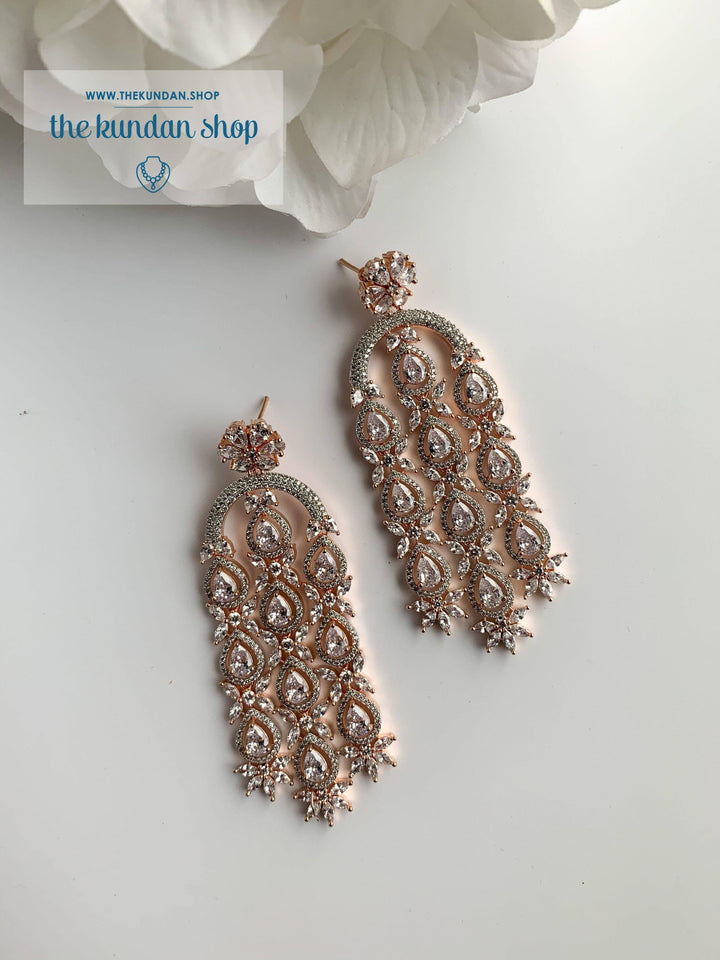 Flower and Stone Drop Earrings THE KUNDAN SHOP Rose Gold + Clear 