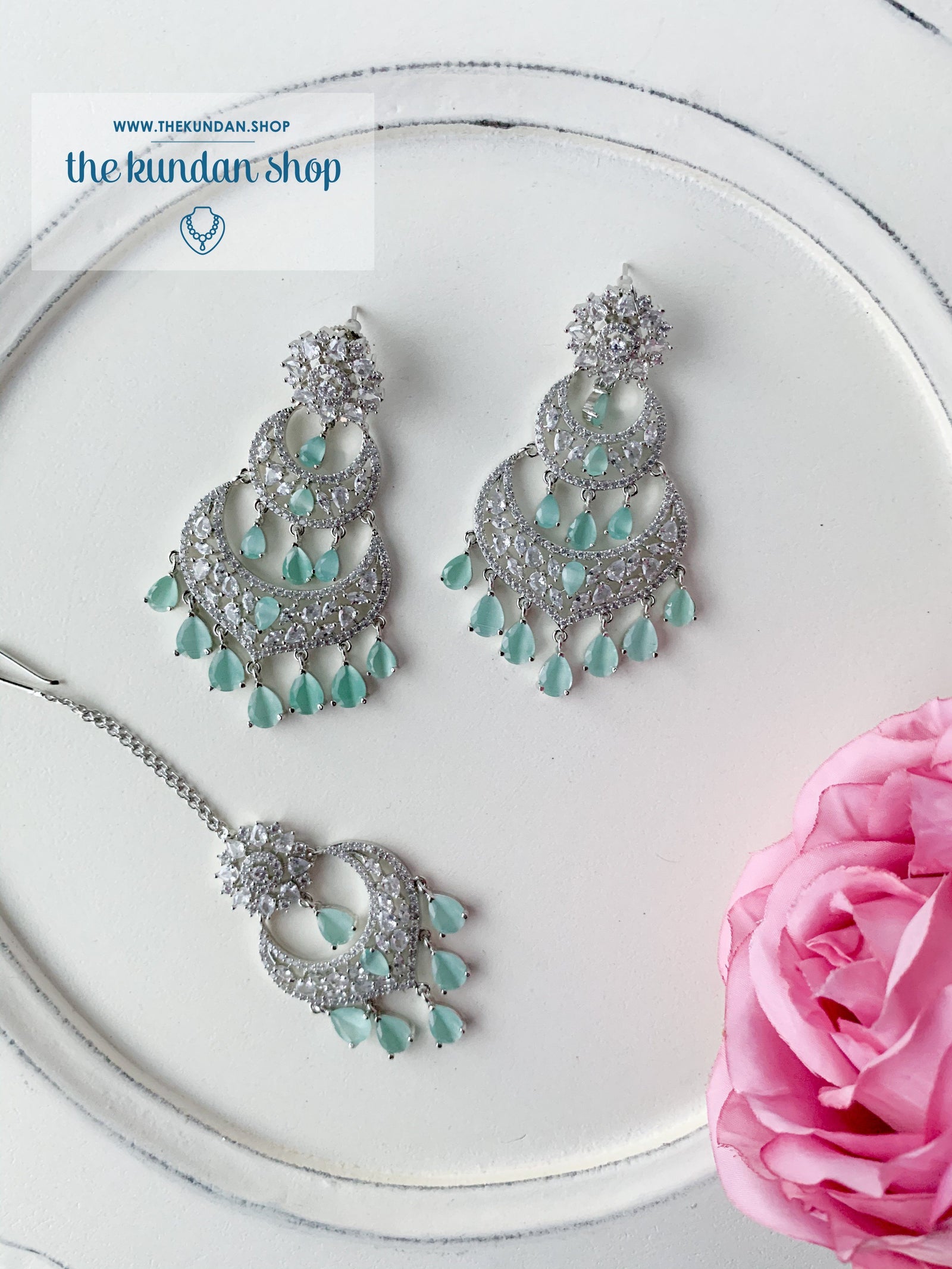 A Princess in Mint Earrings + Tikka THE KUNDAN SHOP 