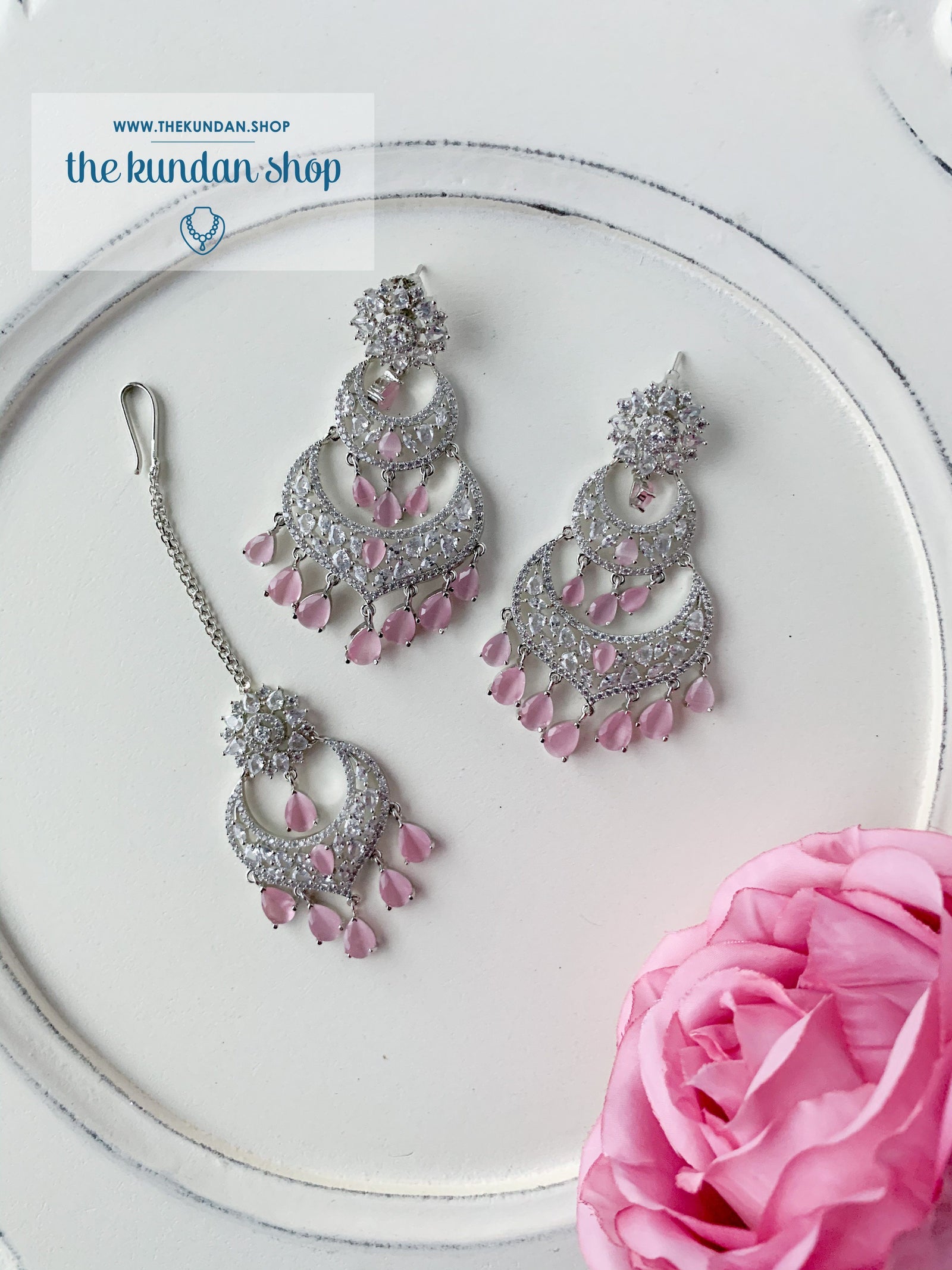 A Princess in Pink Earrings + Tikka THE KUNDAN SHOP 