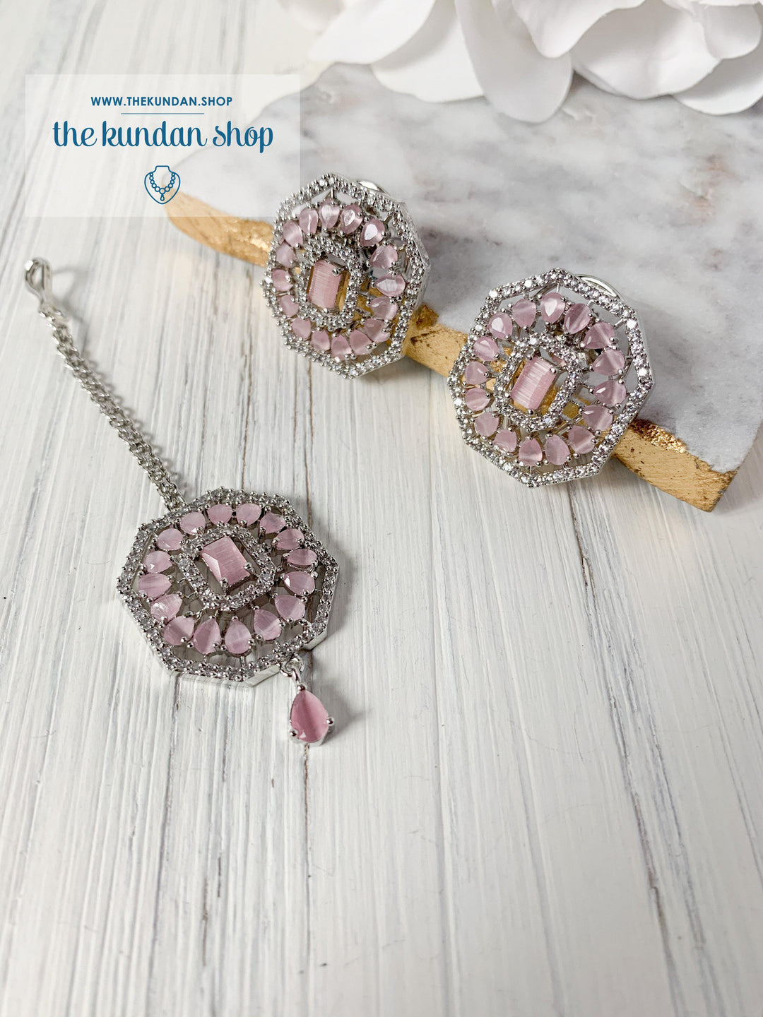 AD Studs & Tikka Earrings + Tikka THE KUNDAN SHOP Silver + Pink 