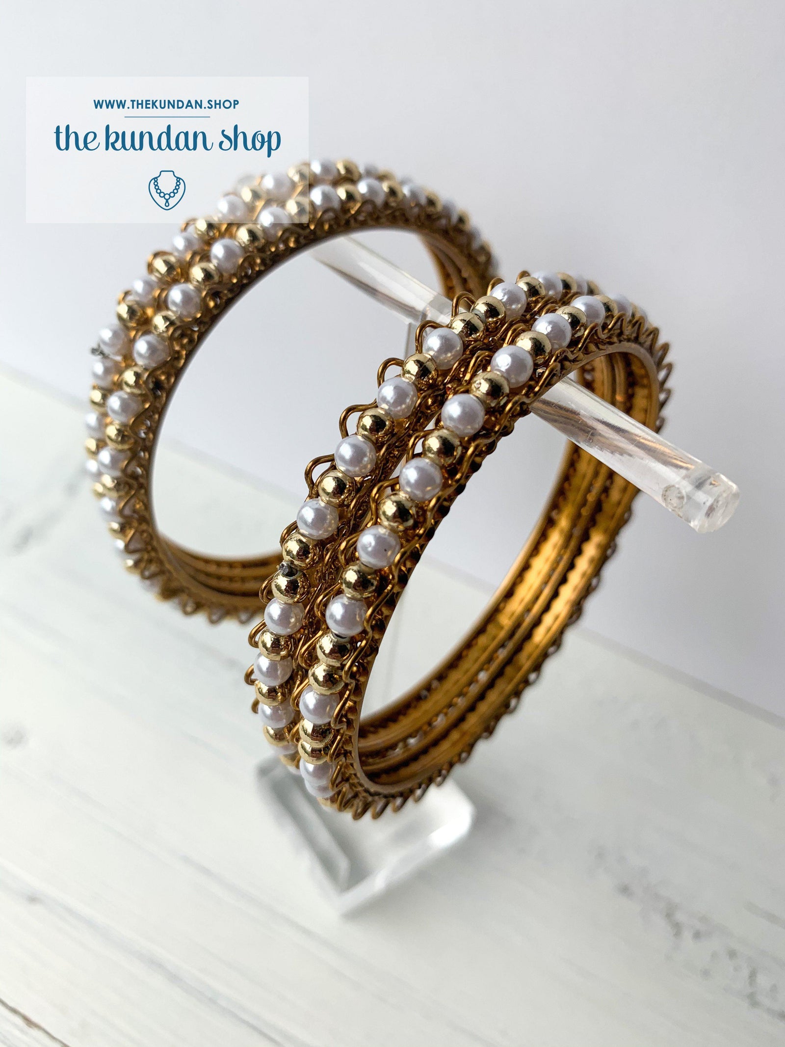 Pearl & Gold Bead Bangles, Bangles - THE KUNDAN SHOP