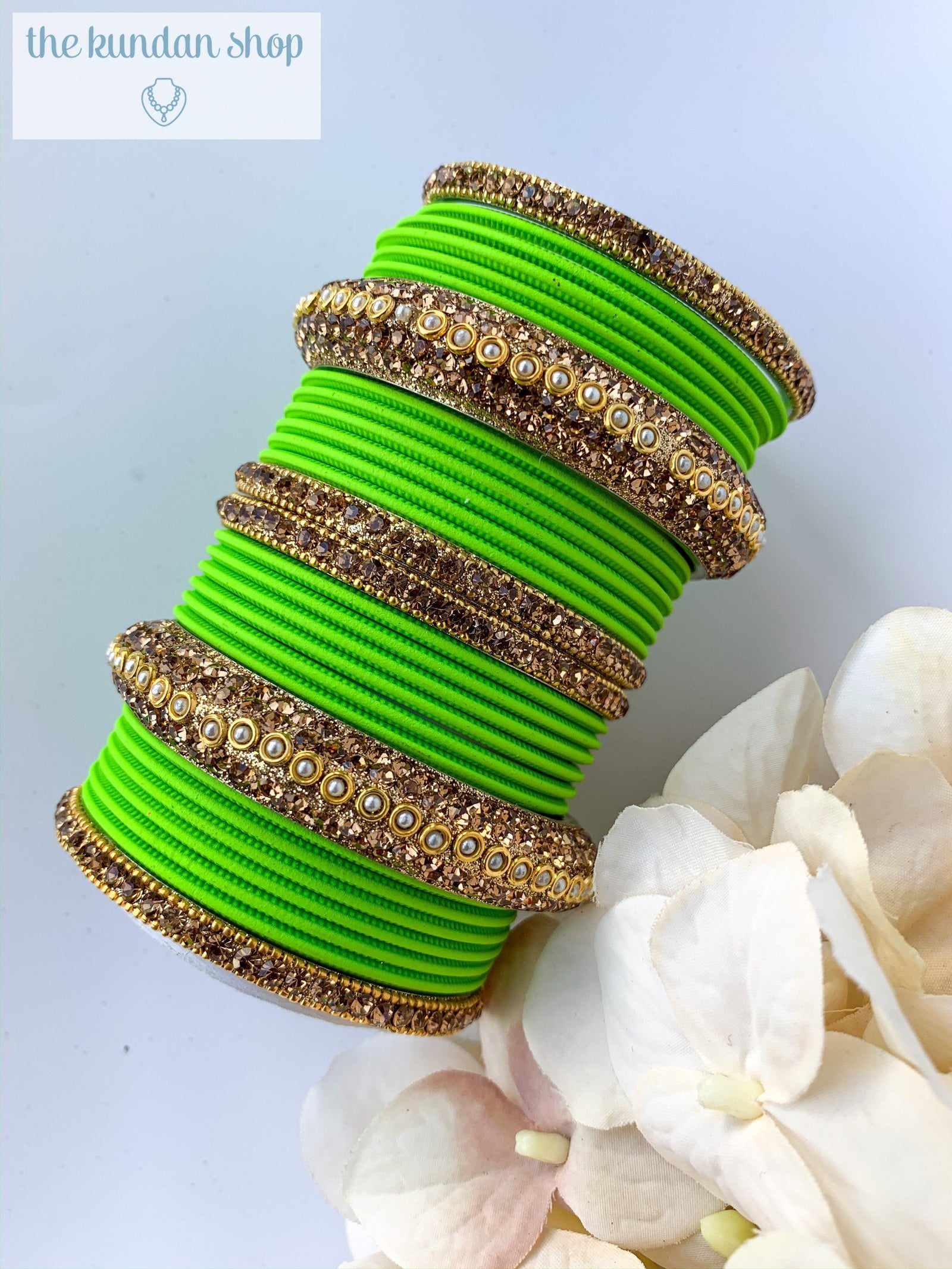 Rhinestone & Matte Light Green Bangles, Bangles - THE KUNDAN SHOP