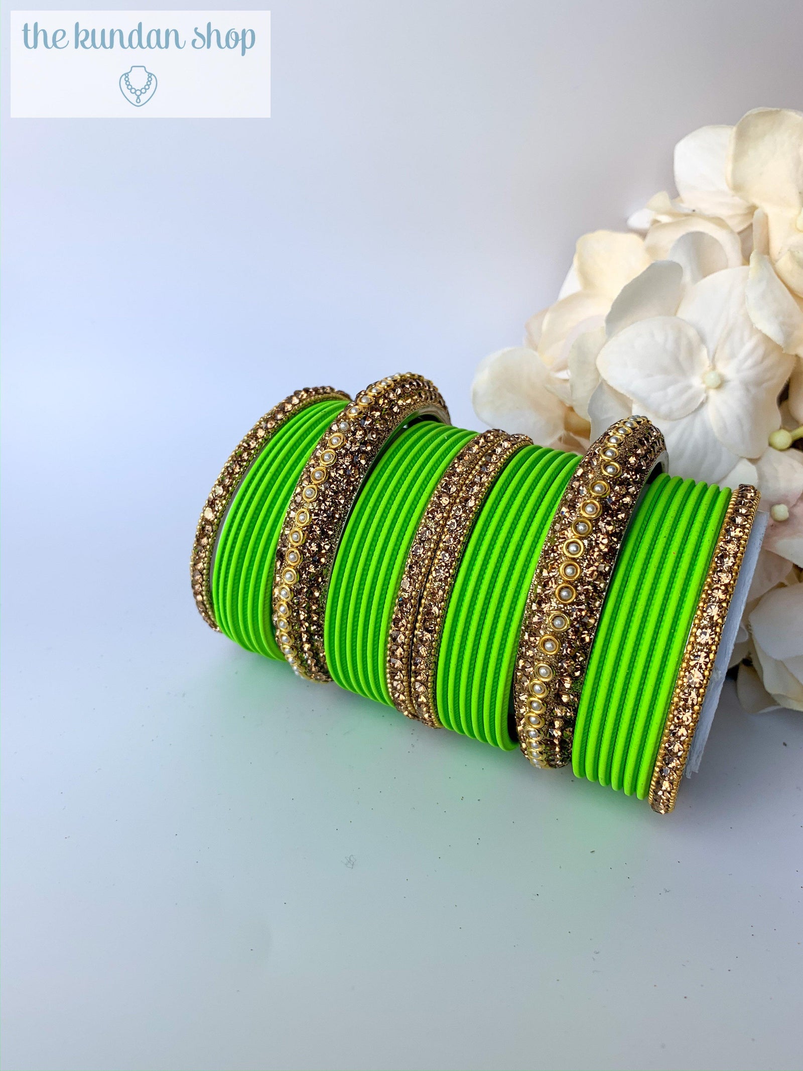 Rhinestone & Matte Light Green Bangles, Bangles - THE KUNDAN SHOP