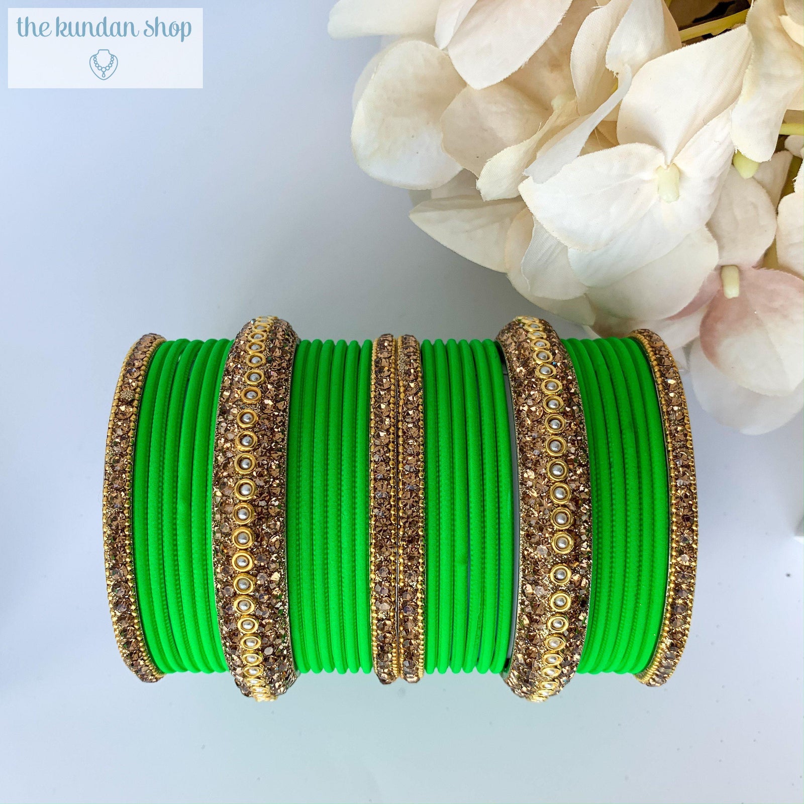 Rhinestone & Matte Spring Green, Bangles - THE KUNDAN SHOP