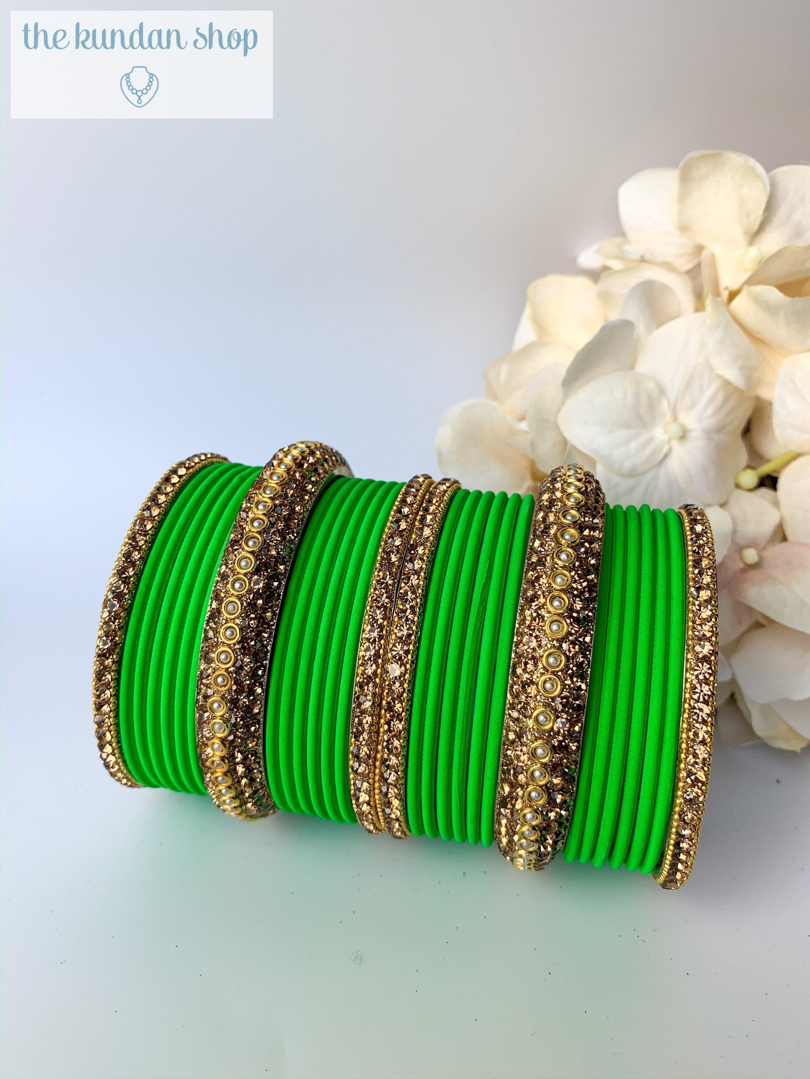 Rhinestone & Matte Spring Green, Bangles - THE KUNDAN SHOP
