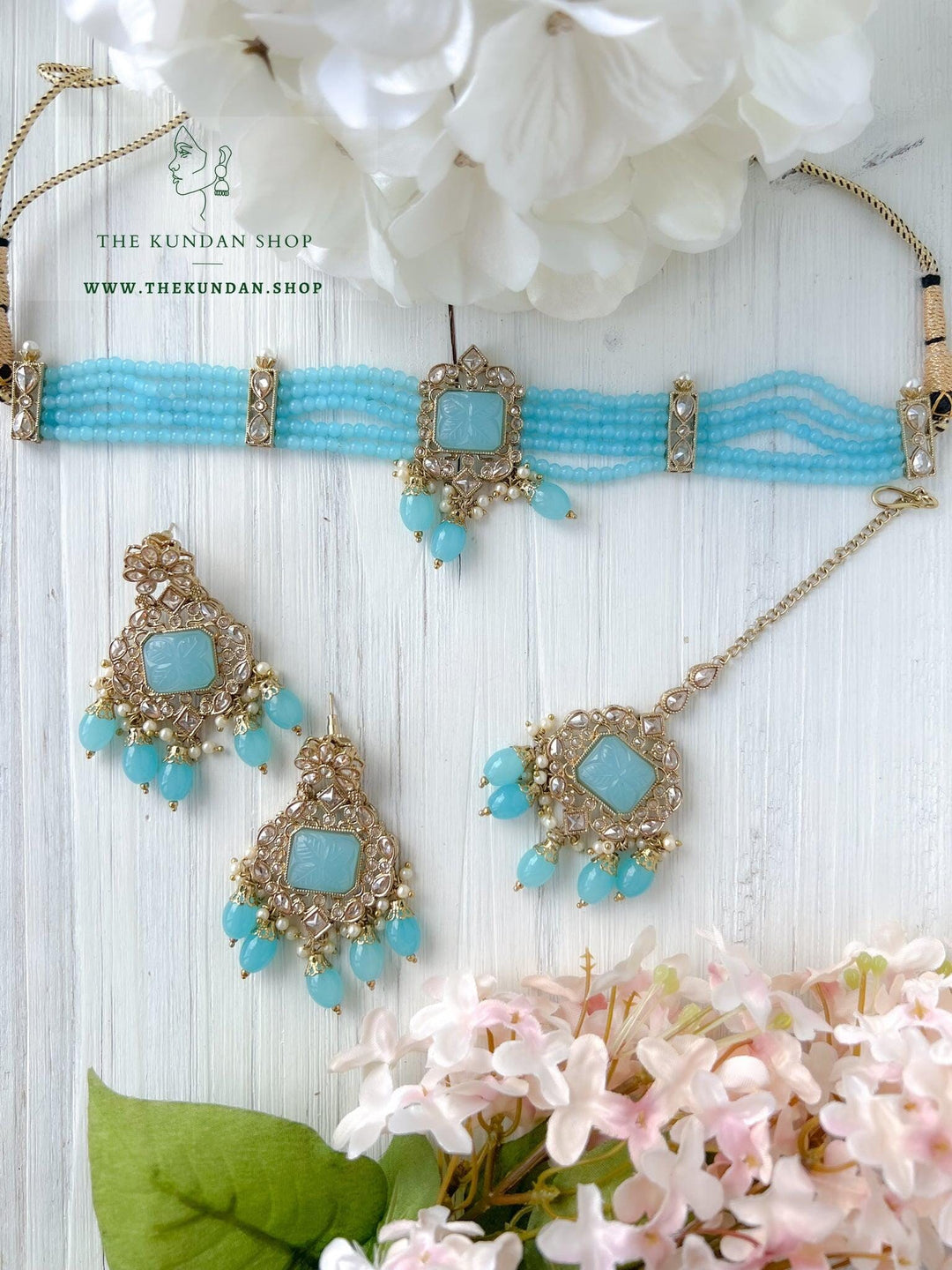 Incline in Polki (in more colors) Necklace Sets THE KUNDAN SHOP Light Blue 