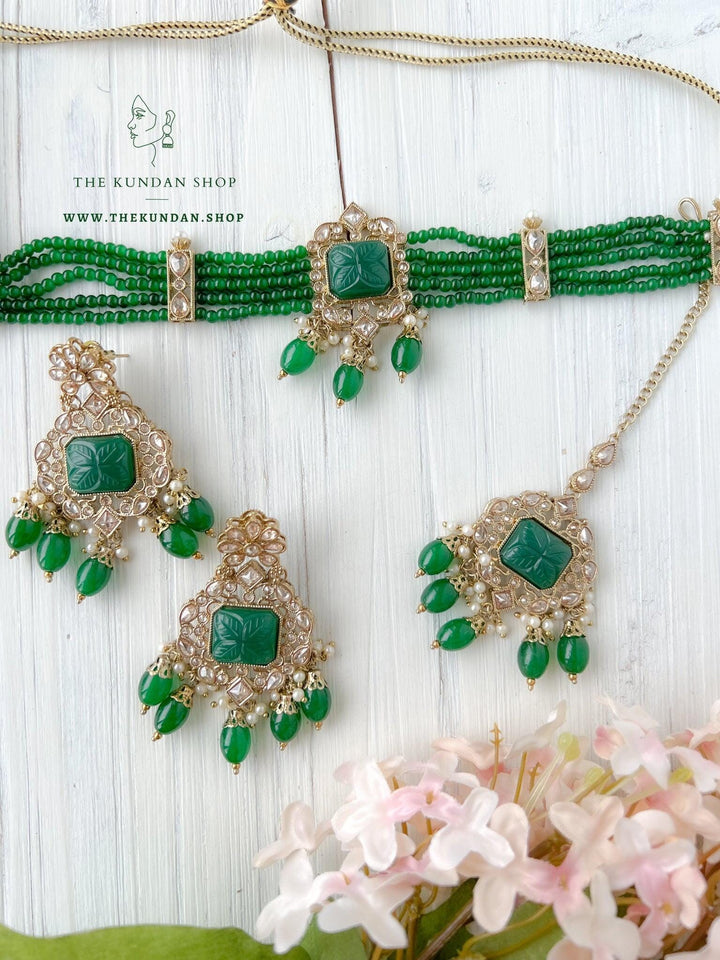 Incline in Polki (in more colors) Necklace Sets THE KUNDAN SHOP Dark Green 