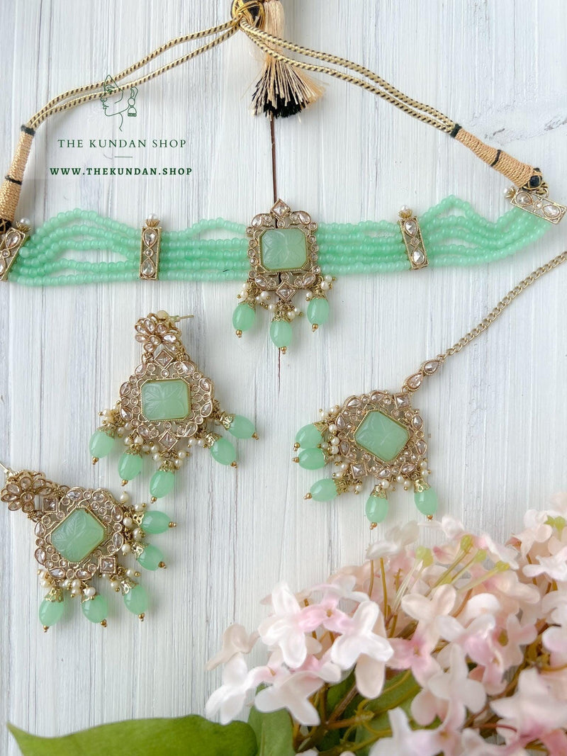 Incline in Polki (in more colors) Necklace Sets THE KUNDAN SHOP Mint Green 