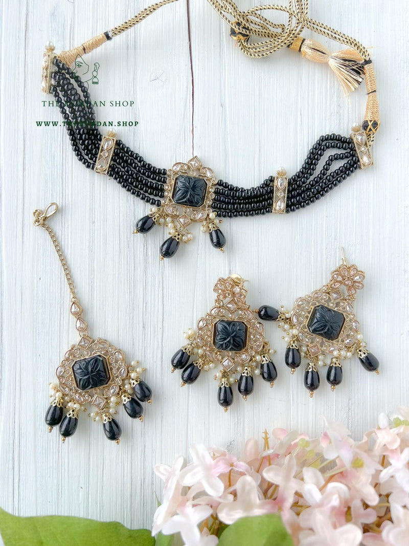 Incline in Polki (in more colors) Necklace Sets THE KUNDAN SHOP Black 