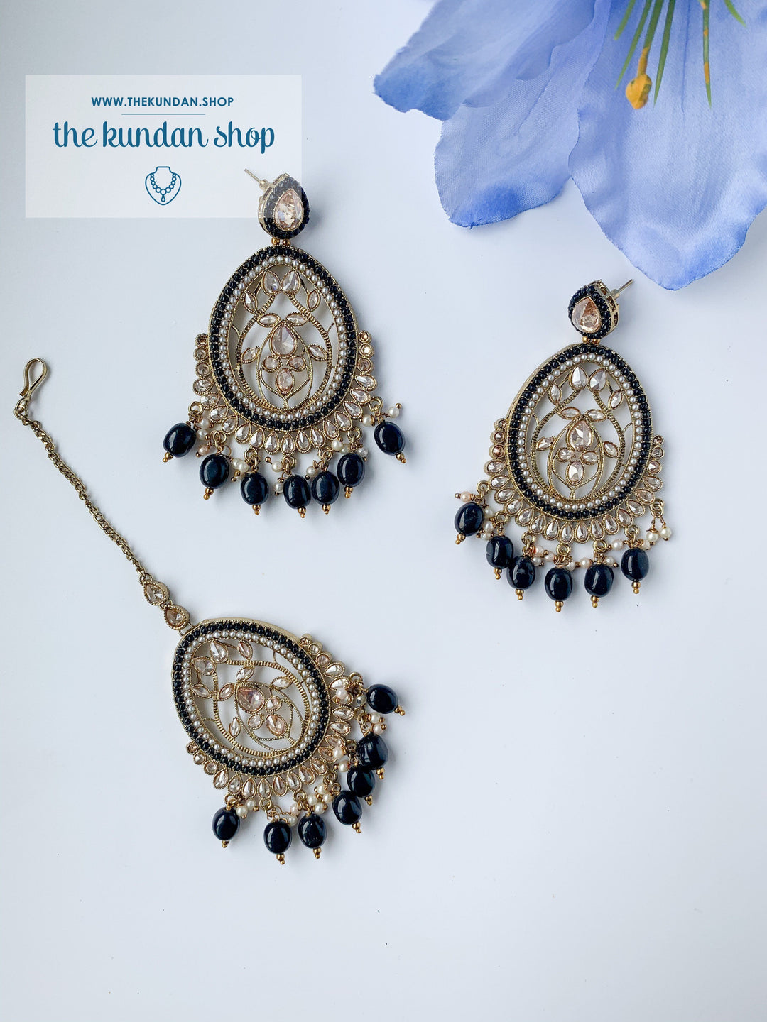 Forgiving in Pearl - Black Earrings + Tikka THE KUNDAN SHOP 