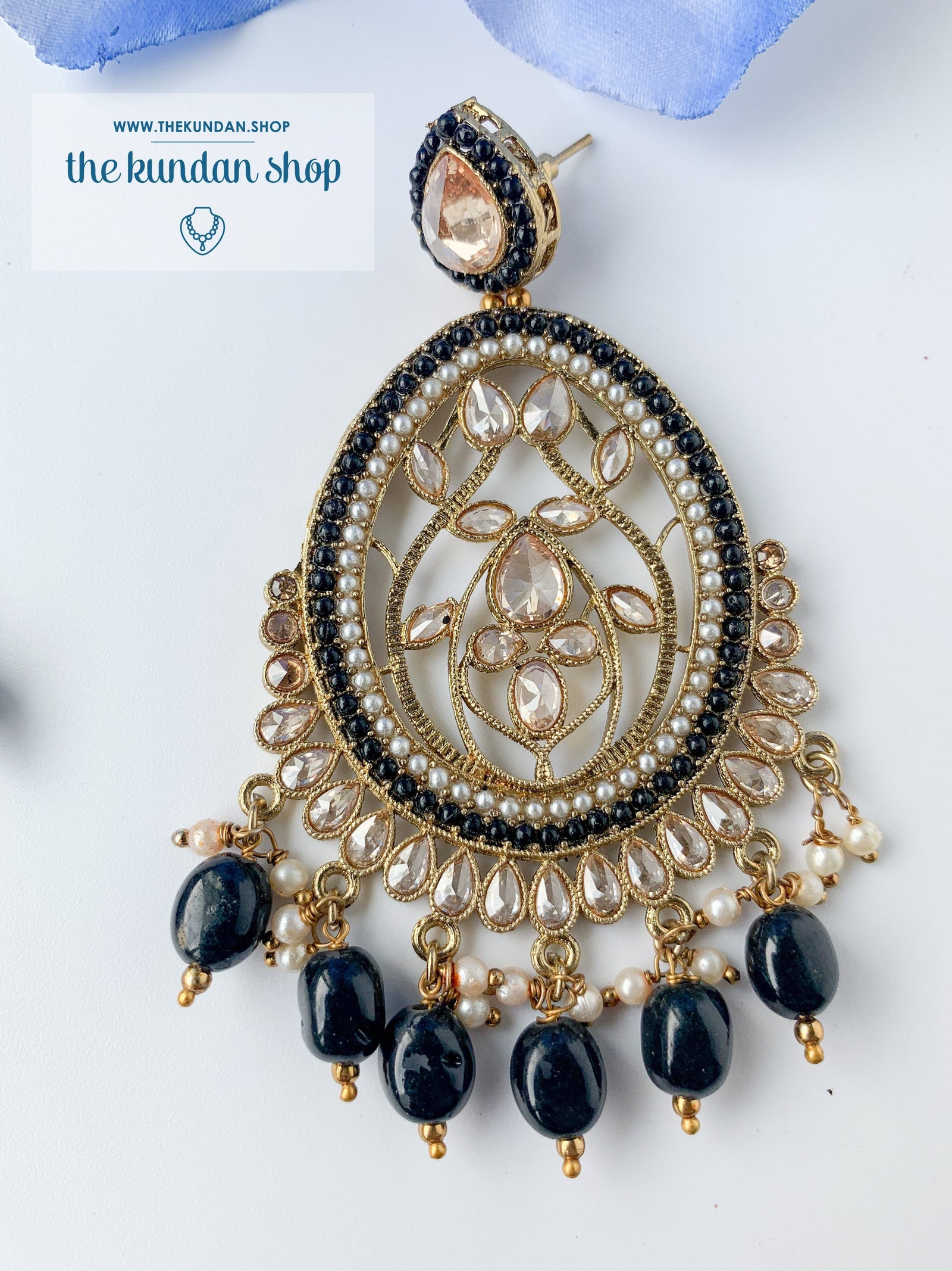 Forgiving in Pearl - Black Earrings + Tikka THE KUNDAN SHOP 