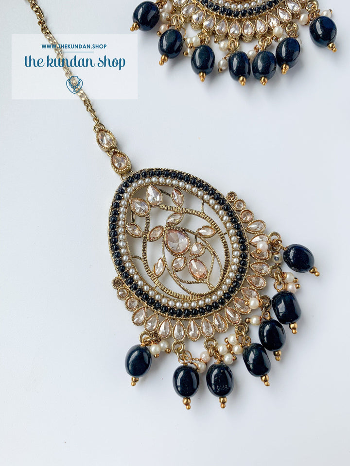 Forgiving in Pearl - Black Earrings + Tikka THE KUNDAN SHOP 